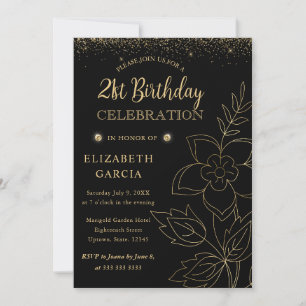 Convite Elegante Botânico Preto e Dourado Aniversário de 2