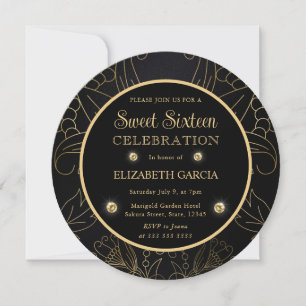 Convite Elegante Botânico Preto e Dourado Sweet Sixteen