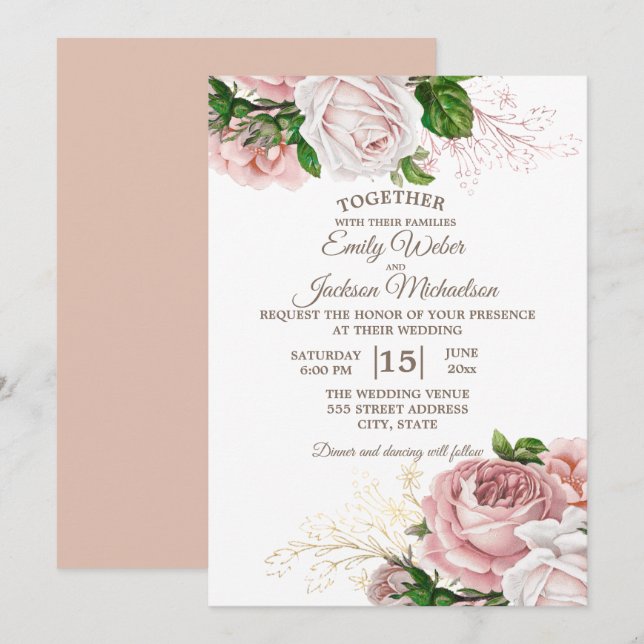 Convite Elegante Botânico Rosa Floral Rosas Brancas Casame (Frente/Verso)