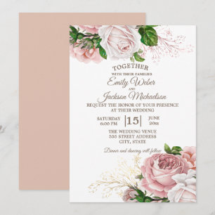 Convite Elegante Botânico Rosa Floral Rosas Brancas Casame
