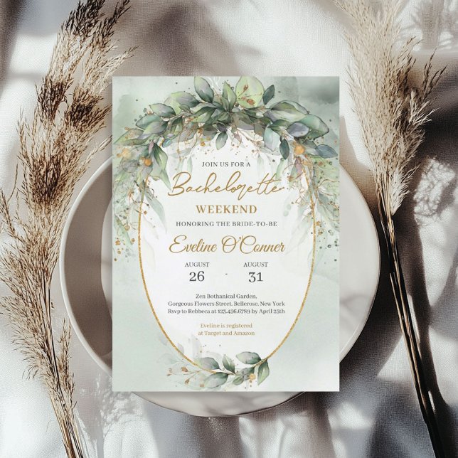 Convite Elegante botânico verde-eucalipto-ouro geométrico (Elegant botanical green eucalyptus gold geometric invitation)