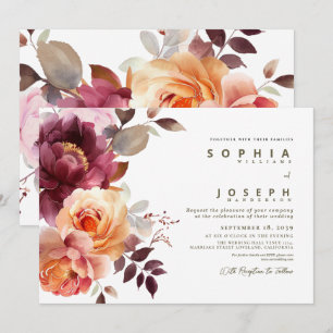 Convite Elegante Bouquet Floral de Borgonha em Aquarela pa