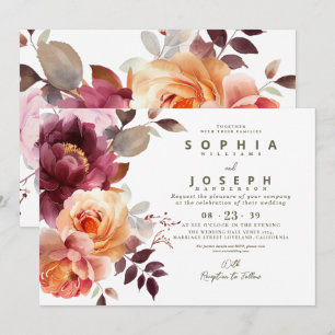 Convite Elegante Bouquet Floral de Borgonha em Aquarela pa