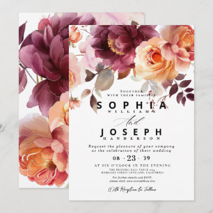 Convite Elegante Bouquet Floral de Borgonha em Aquarela pa