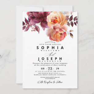 Convite Elegante Bouquet Floral de Borgonha em Aquarela pa
