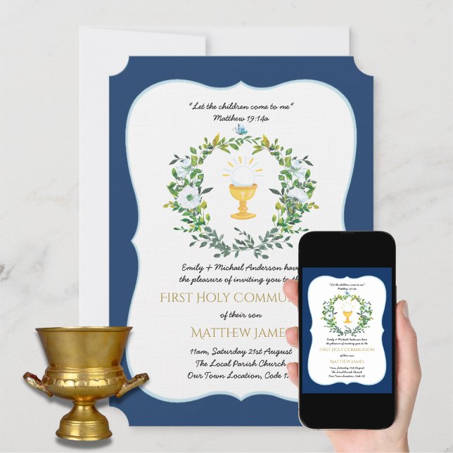 Convite Elegante Boys Marinho Floral Primeira Comunhão Inv (Criador carregado)