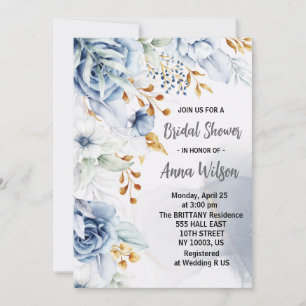 Convite elegante branco azul e dourado floral chá de noiva