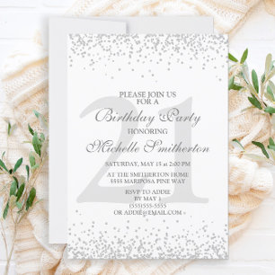 Convite Elegante Branco Cinza Prata Brilho Aniversário de 