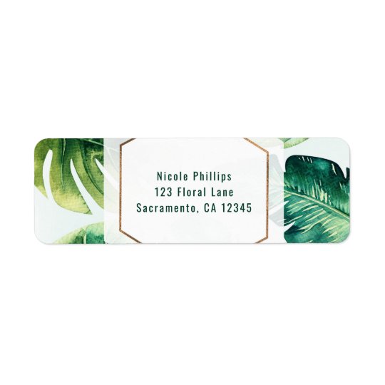 Convite elegante branco das folhas tropicais etiqueta endereço de retorno