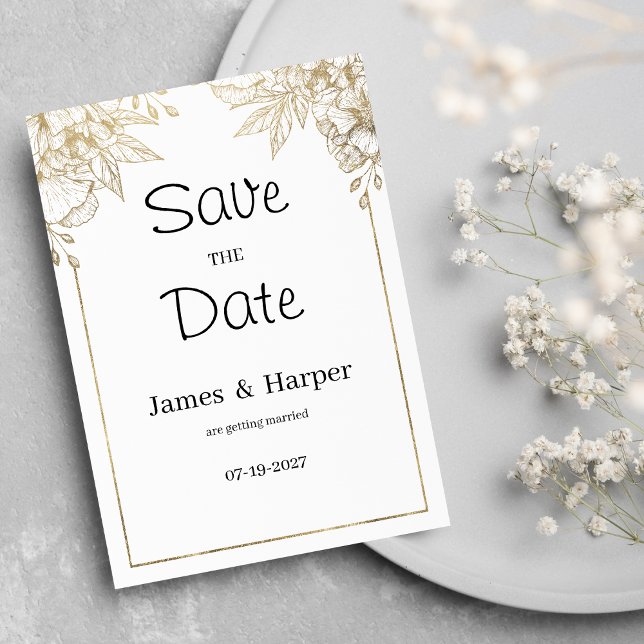 Convite Elegante, branco de luxo e floral de ouro Salve a  (Elegant luxury white and gold floral Save the Date)