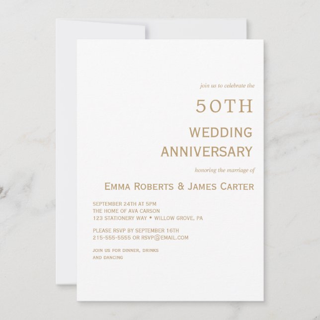 Convite Elegante Branco & Dourado 50º Aniversário  (Frente)