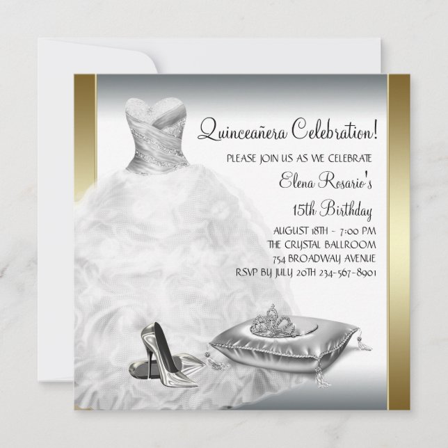 Convite Elegante Branco e Dourado Princesa Quinceanera (Frente)