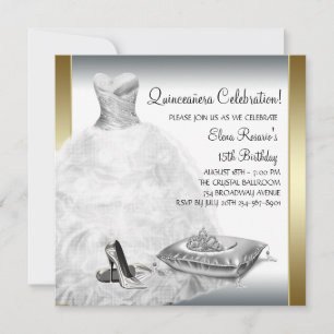 Convite Elegante Branco e Dourado Princesa Quinceanera