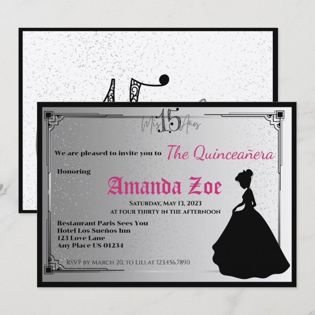 Convite Elegante Branco e Preto para Mis Quince (Frente/Verso)
