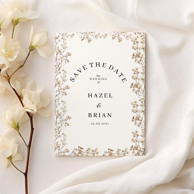 Convite Elegante branco giro floral Guarde a Data (Elegant white gypsophila floral Save the Date)