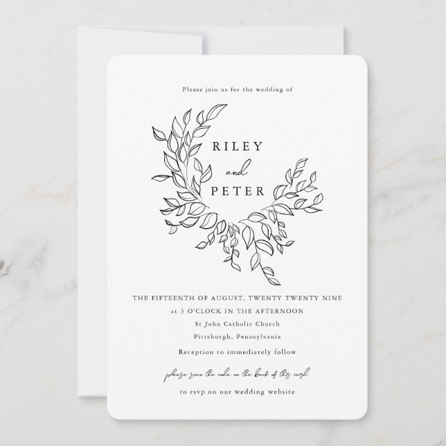 Convite Elegante Brasão Botânico com Código RSVP Casamento (Frente)