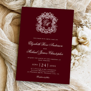 Convite Elegante Brasão de Casamento Monograma Burgundy