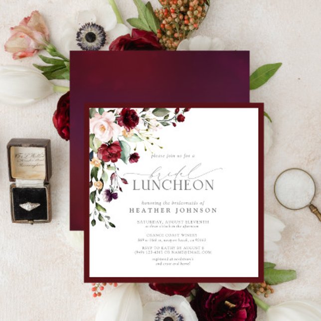 Convite Elegante Bridal Luncheon Floral Burgundy (Criador carregado)