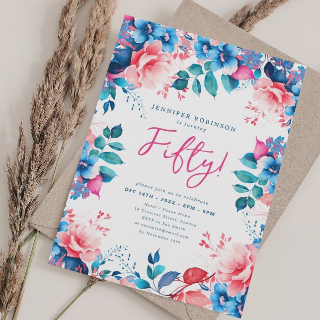 Convite Elegante Bright Watercolor Floral 50º Aniversário (Elegant Bright Watercolor Floral 50th Birthday Invitation)