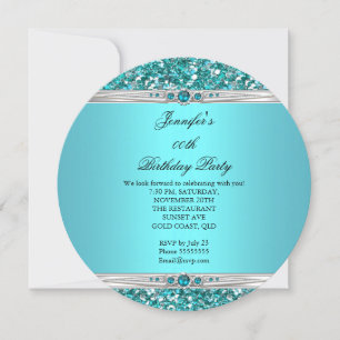 Convite Elegante Brilho Azul-Teal Prata Diamante Pérola An