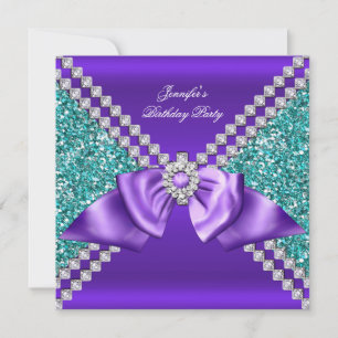 Convite Elegante Brilho Azul Teal Roxo Diamante Aniversári