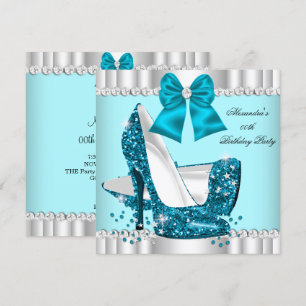 Convite Elegante Brilho Azul Turquesa Glamour Salto Alto P