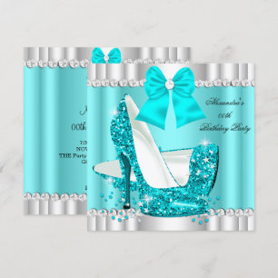 Convite Elegante Brilho Azul Turquesa Glamour Salto Alto P