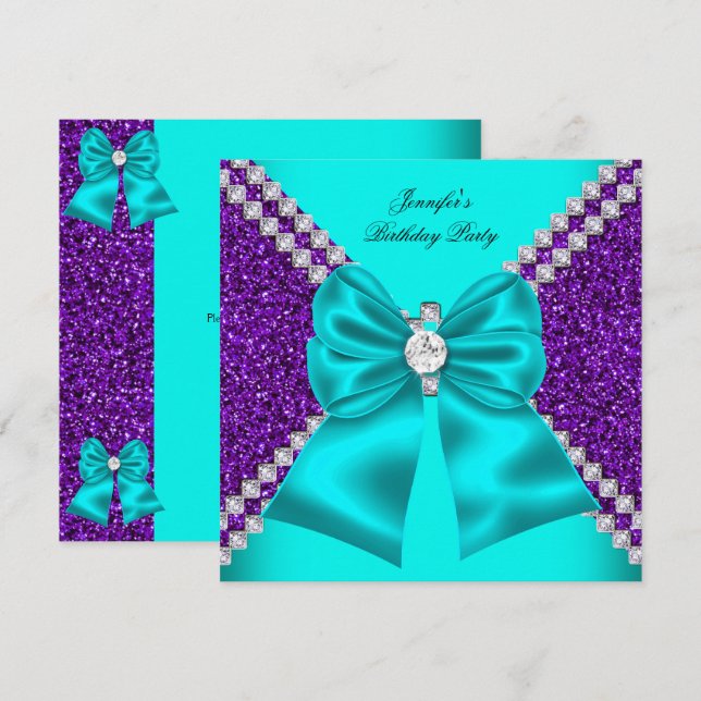 Convite Elegante Brilho Azul Turquesa Roxo Diamantes Anive (Frente/Verso)