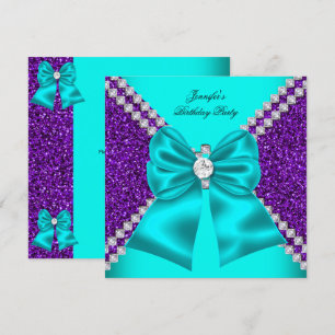 Convite Elegante Brilho Azul Turquesa Roxo Diamantes Anive
