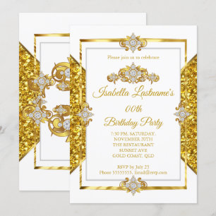 Convite Elegante Brilho Dourado Branco Festa de Aniversári