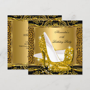 Convite Elegante Brilho Dourado Glamour Salto Alto Leopard