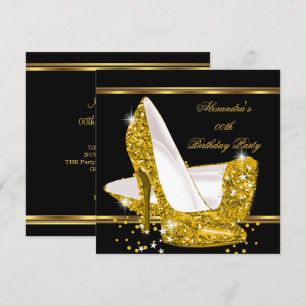 Convite Elegante Brilho Dourado Glamour Salto Alto Preto