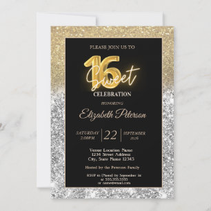 Convite Elegante Brilho Dourado Prata Bokeh Sweet 16