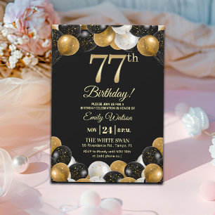 Convite Elegante Brilho Dourado Preto Aniversário de 77 an