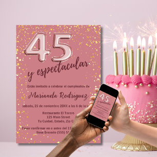 Convite Elegante Brilho Dourado Rosa Aniversário de 45 ano