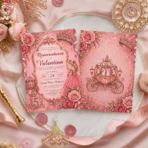 Convite Elegante Brilho Dourado Rosa Princesa Quinceañera
