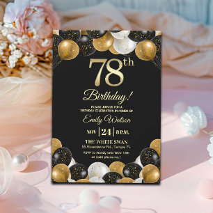 Convite Elegante Brilho Preto Dourado Aniversário de 78 An
