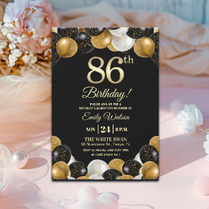 Convite Elegante Brilho Preto Dourado Aniversário de 86 an