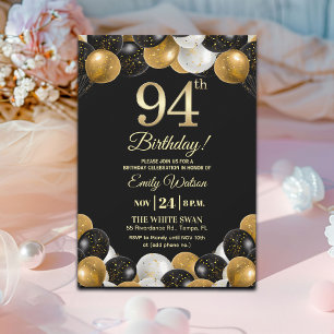 Convite Elegante Brilho Preto Dourado Aniversário de 94 an