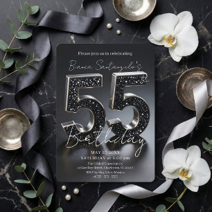 Convite Elegante Brilho Preto e Prata Aniversário de 55 an