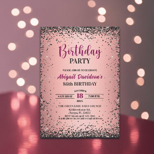 Convite Elegante Brilho Preto Metálico Rosa Aniversário de