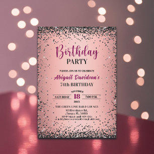 Convite Elegante Brilho Preto Metálico Rosa Aniversário de