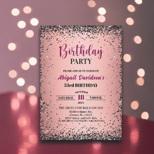 Convite Elegante Brilho Preto Metálico Rosa Aniversário de