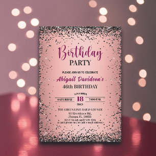 Convite Elegante Brilho Preto Metálico Rosa Aniversário de