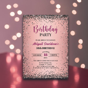 Convite Elegante Brilho Preto Metálico Rosa Aniversário de