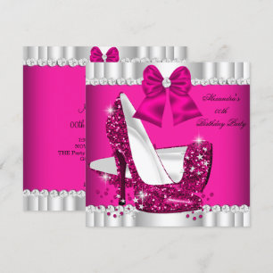 Convite Elegante Brilho Rosa Branco Glamour Salto Alto