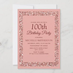 Convite Elegante Brilho Rosa Brilhos Aniversário de 100 an