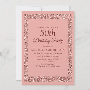 Convite Elegante Brilho Rosa Brilhos Aniversário de 50 ano