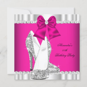 Convite Elegante Brilho Rosa Prata Glamour Salto Alto