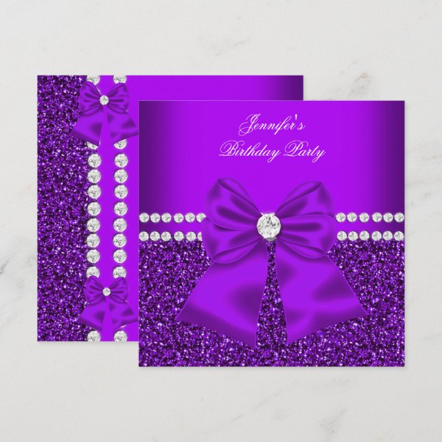 Convite Elegante Brilho Roxo Diamantes Aniversário 2 (Frente/Verso)